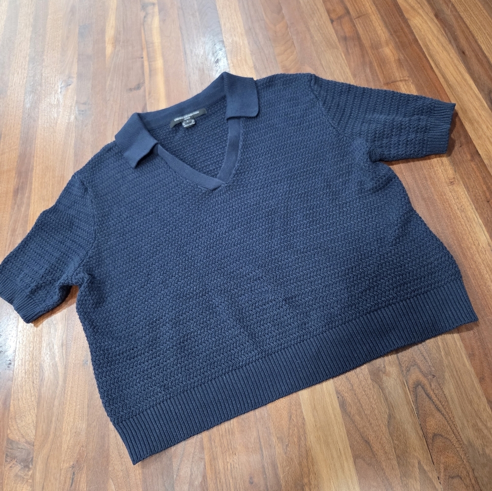 French Connection V Neck CollaredvNavy Blue Women's Short Sleeve Sweater Large